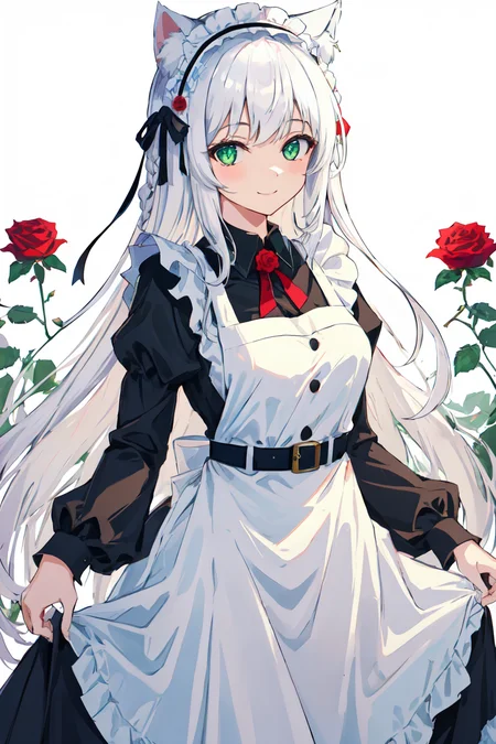 skistyle, 1girl, solo, flower, animal ears, official alternate costume, long sleeves, rose, juliet sleeves, looking at viewer, apron, dress, red flower, green eyes, cat ears, skirt hold, puffy sleeves, closed mouth, maid, white apron, red rose, hairband, green dress, bangs, maid headdress, cowboy shot, white hair, breasts, upper body, long hair, braid, ribbon, smile, animal ear fluff, belt, maid apron, buttons