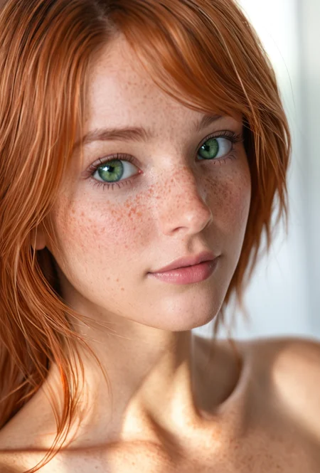 gen3dx_joni, adult,
natural ginger hair, green eyes, small faint freckles,
correct eyes, precise round pupils,
portrait, 3/4 view, 45 degree angle, detailed eyes, shoulders,