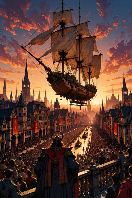 A massive crowd cheers from a bustling city square as the first airship, a magnificent blend of wood, metal, and billowing sails, takes to the sky. The cityâs leader, dressed in regal attire, stands on a balcony, watching history unfold. Engineers wipe sweat from their brows, their work realized, while merchants already plan new trade routes. In the distance, the sun sets behind towering spires, casting an orange glow over the sky, marking a new era of exploration and commerce. The overall style is reminiscent of fantasy or manga art, with a focus on dynamic action and dramatic lighting.<lora:Elden_Ring_-_Yoshitaka_Amano:0.75><lora:Mezzotint_Artstyle_for_Flux_-_by_Ethanar:0.2><lora:flux.1_lora_flyway_ink-dynamic:0.2><lora:ck-painterly-fantasy-000017:0.2><lora:FluxMythG0thicL1nes:0.4><lora:FluxMythR3tr0Style:0.8>