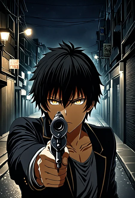 high resolution, solo, best quality, 1Boy, Seiya Kanie, black hair, short hair, thin, portraits, midnight, dim street lights, mysterious, threatening, gun, aiming the gun to the viewer, OverallDetail