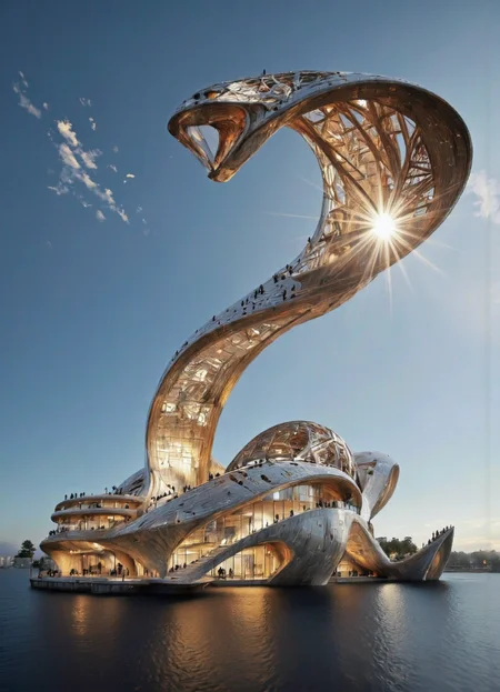 Futura. A photo-realistic rendering of a futuristic building resembling a snake, set against a clear blue sky. the building is situated on a calm body of water, with the sun setting behind it, casting a warm glow on its curved wooden structure that resembles a snake's head. the structure has multiple levels, with people walking on it, creating a sense of movement and interaction. the lighting is soft and warm, highlighting the curves of the structure and the reflective surface of the water. the overall effect is one of serenity and tranquility, making the building stand out even more. <lora:Futura:0.95> <lora:Synesthesia:0.35> <lora:Fluxartis_Photography:0.55> <lora:Another_Earth:0.55>