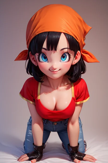 score_9, score_8_up, score_8, medium breasts, (curvy), cute, eyelashes, BREAK, , zzPan, black hair, short hair, bandana, gloves, fingerless gloves, red shirt, denim pants, <lora:Pan_Dragonball_PDXL:0.8>, , BREAK, all fours, cleavage, smile, closed mouth, looking at viewer, embedding:zPDXL, Expressiveh, <lora:BeautifulCAT_PDXL:1.0>, <lora:SDXLFaeTastic2400:0.5>, <lora:Expressive_H-000001:0.4>,