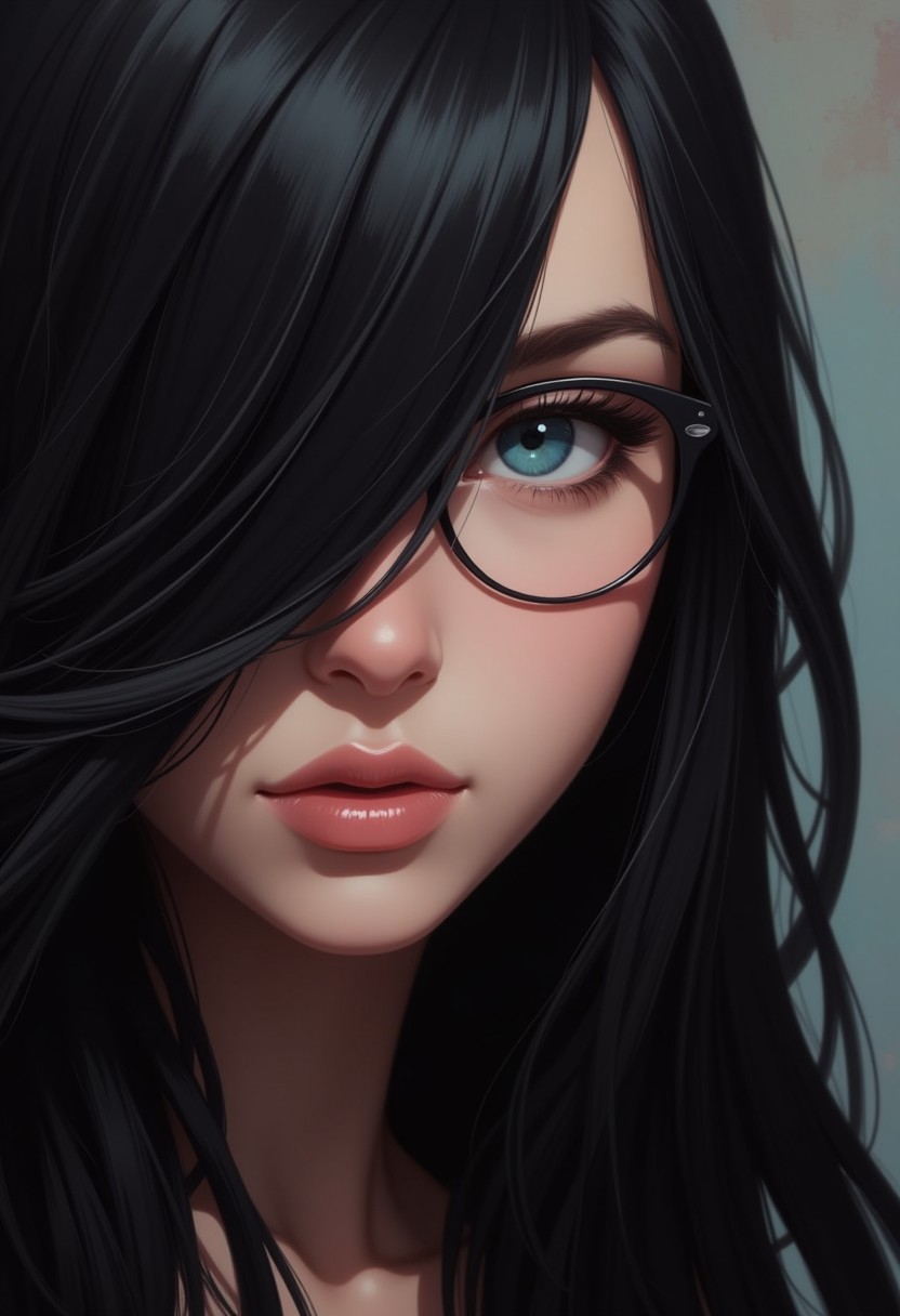 masterpiece, best quality, hyperrealistic digital painting by Jeremiah Ketner and Charlie Bowater and Stanley Artgerm and Thomas Saliot and J. Scott Campbell, shallow depth of field, bokeh, incredibly detailed, real, lifelike face, realistic, round glasses, Her long, flowing black hair falls in soft, glossy waves, gently framing her face and partially covering one side. blue eyes, deep gaze, extreme close-up, blurred background,