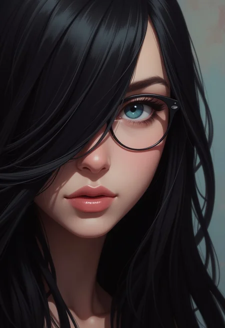 masterpiece, best quality, hyperrealistic digital painting by Jeremiah Ketner and Charlie Bowater and Stanley Artgerm and Thomas Saliot and J. Scott Campbell, shallow depth of field, bokeh, incredibly detailed, real, lifelike face, realistic, round glasses, Her long, flowing black hair falls in soft, glossy waves, gently framing her face and partially covering one side. blue eyes, deep gaze, extreme close-up, blurred background,