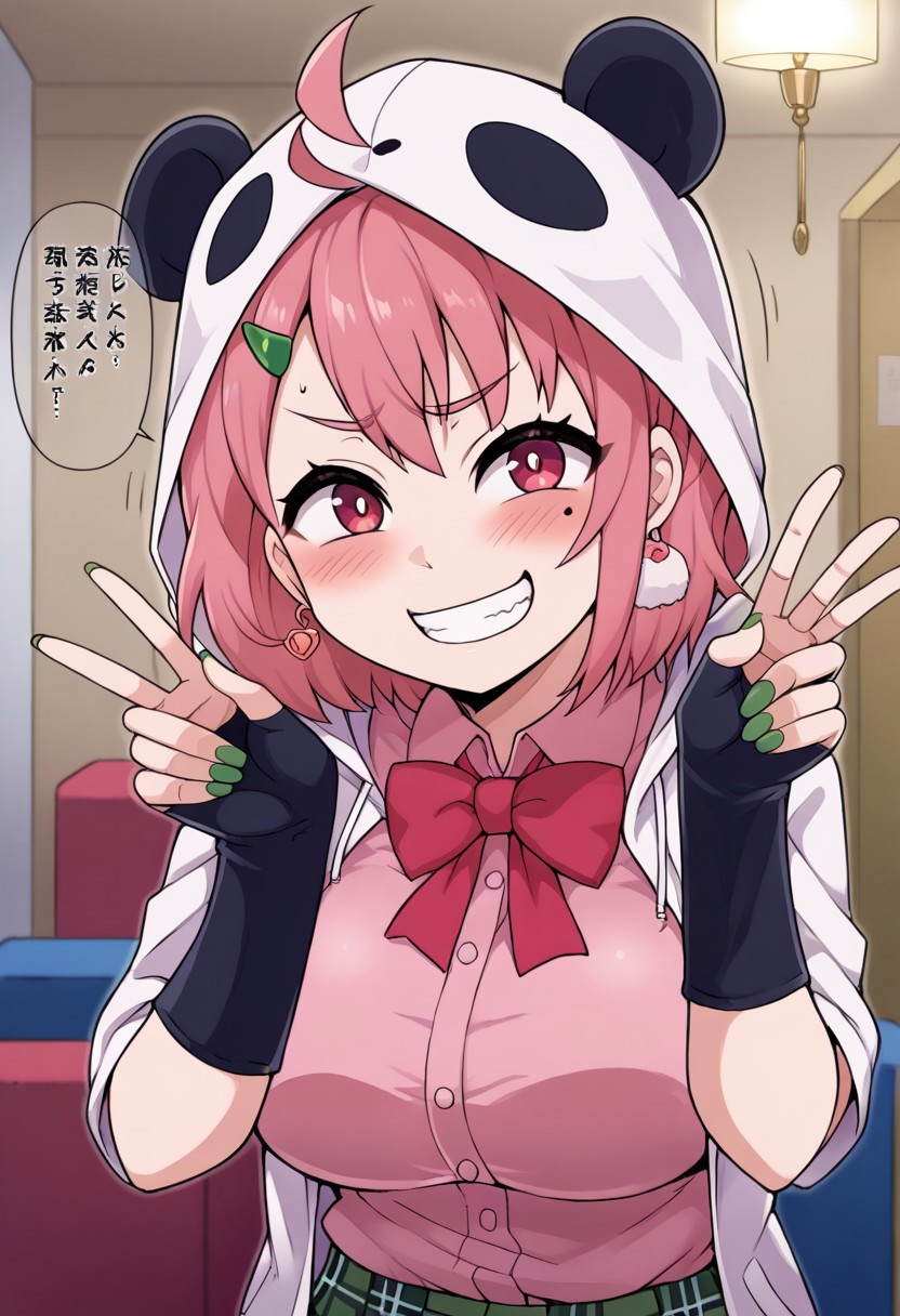 source_anime, rating_safe, BREAK <lora:sakuSasaki_XL-Pony_LoRA-C3Lier_16-16-8-8_AdamW_Un3e-4_Te1.5e-4_10batch:1>, sasaki saku, 1girl, virtual youtuber, pink hair, multicolored hair, short hair, ahoge, pink eyes, green nails, mole under eye, hairclip, earrings, animal hood, panda hood, hood up, two-tone jacket, white jacket, black sleeves, long sleeves, collared shirt, pink shirt, red bowtie, plaid skirt, green skirt,  ,,, ,,,, , ,,,, ,,, ,,, ,, ,, ,, , , ,,huge breasts,5 fingers,, ,,,,,,,,,,,,Both hands Peace , grin