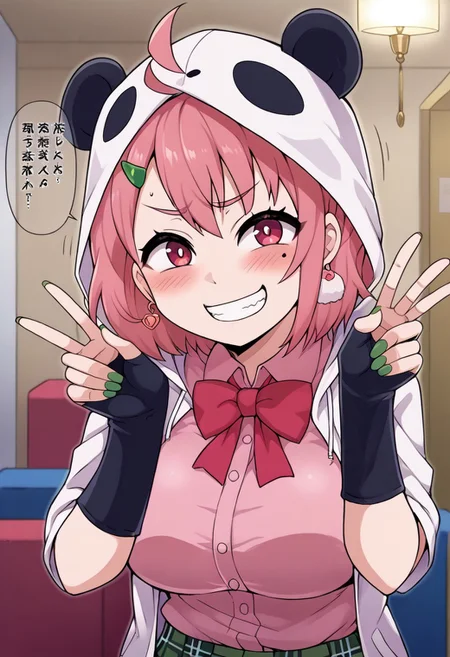 source_anime, rating_safe, BREAK <lora:sakuSasaki_XL-Pony_LoRA-C3Lier_16-16-8-8_AdamW_Un3e-4_Te1.5e-4_10batch:1>, sasaki saku, 1girl, virtual youtuber, pink hair, multicolored hair, short hair, ahoge, pink eyes, green nails, mole under eye, hairclip, earrings, animal hood, panda hood, hood up, two-tone jacket, white jacket, black sleeves, long sleeves, collared shirt, pink shirt, red bowtie, plaid skirt, green skirt, ,,, ,,,, , ,,,, ,,, ,,, ,, ,, ,, , , ,,huge breasts,5 fingers,, ,,,,,,,,,,,,Both hands Peace , grin