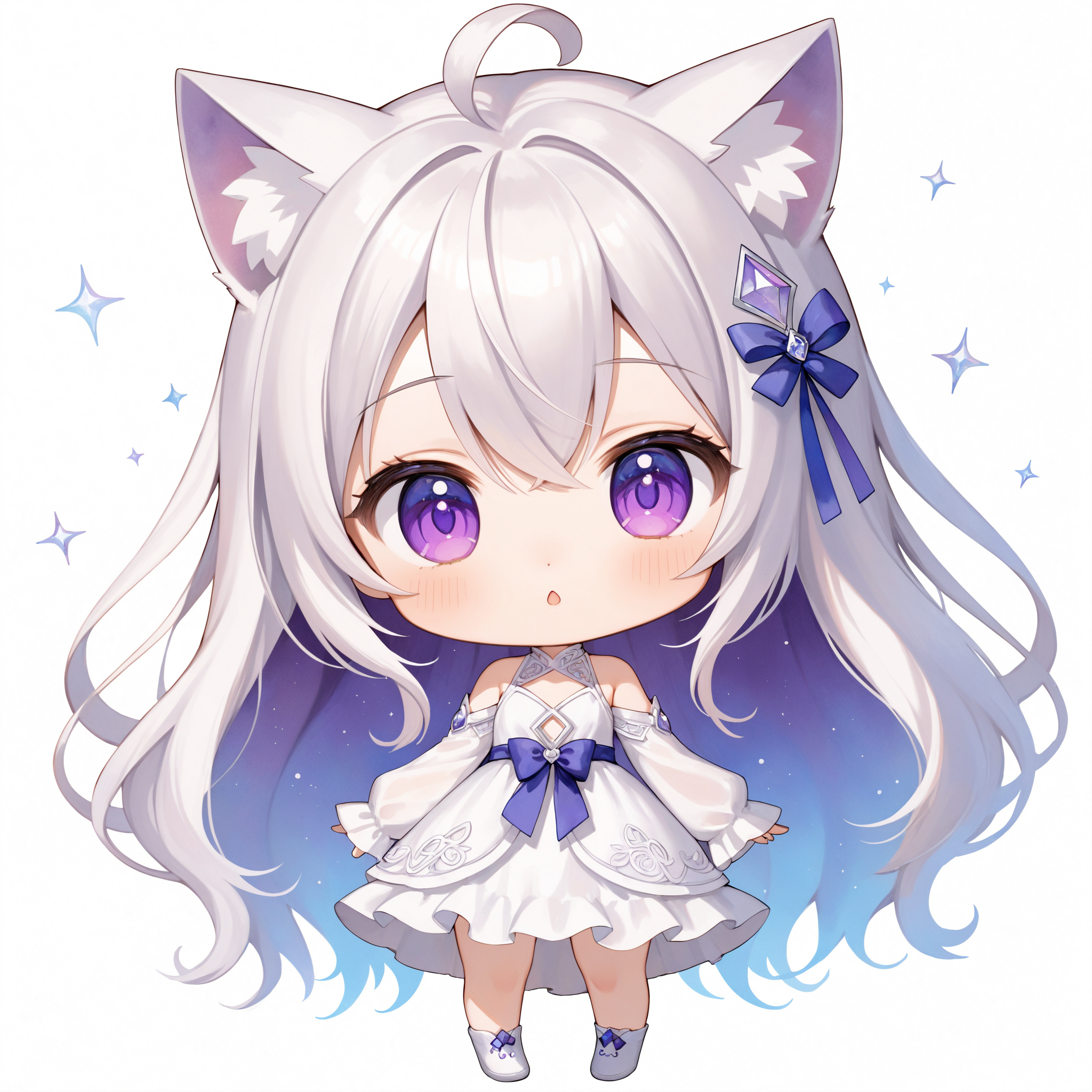 SceneDescription:
  - Composition: Full body shot. Cinematic angle.
  - Subject: A very cute girl.
    - Characteristics:
      - Face: (Round face:1.2).
      - Eyes: Detailed dark-purple eyes.
      - Hair: Long straight hair with ribbon ornament, (shine silver hair), (shine silver inner hair), (ahoge:1.05), cat ears and hair between eyes.
      - Body: Detailed body. Small breasts.
      - Clothing: White chiffon maxi dress and ruffled long sleeves.
      - Expression: :o.
      - Posing: Cute pose. Looking at viewer.
  - Background: No background. White background.
ArtStyle: Chibi. Deformed. Watercolor. Traditional media.
Quality: Intricate details. Extremely detailed. Outstanding intricacies. (Masterpiece:1.2). (Best quality:1.2). (Absurdres absolutely resolution:1.4).
Mood: Serene atmosphere.