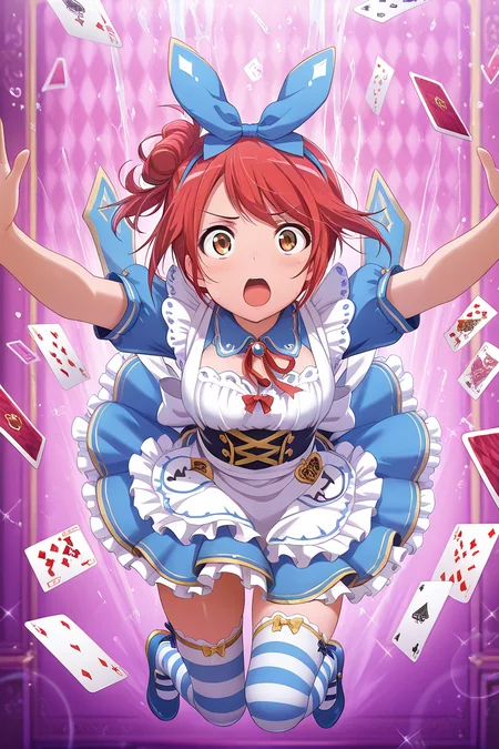 masterpiece, best quality, amazing quality,
<lora:Misora_IL:1> misora, 1girl, dress, thighhighs, red hair, card, falling, blue footwear, alice (alice in wonderland) (cosplay), open mouth, solo, cosplay, apron, brown eyes, short hair, short sleeves