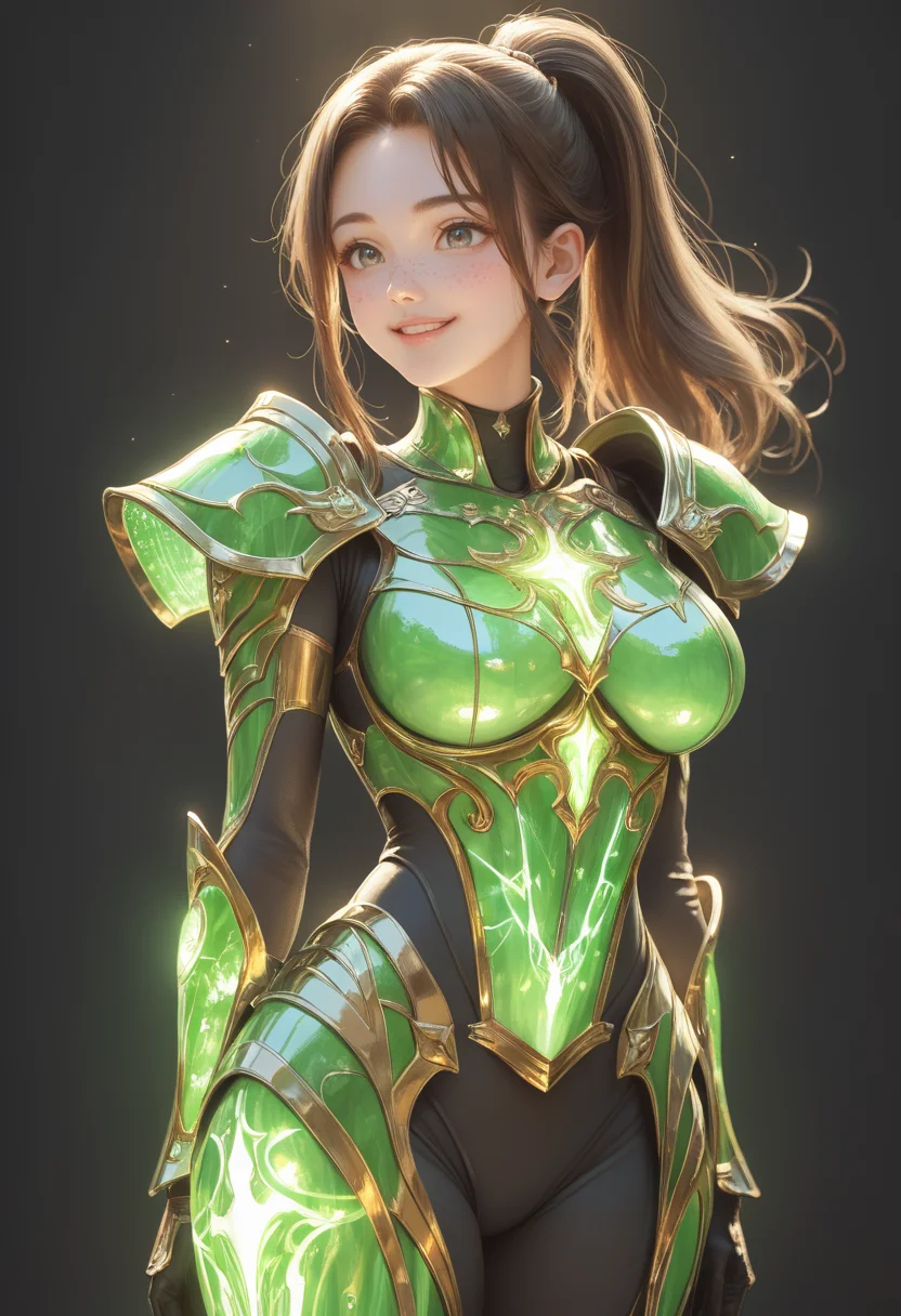 score_9, score_8_up, score_7_up, source_anime, masterpiece, best quality, perfect anatomy, very aesthetic, ((outlined outlined vector graphics)),no norm,
, cute face, (glow eyes:0.8), glittering, glimmering,, black background, cowboy shot, smile,__anlge__,
1girl, solo, 20yo, brown hair, gray eyes, (large breast:1.1), (ponytail:1.1), medium hair,(curvy:1.1),bangs, bodysuit, glowing, nature, skin tight, freckles,, holy armor, green bodysuit,green holy light body, green holy light armor, green holy light, green holy light legs, fantasy, standing , , arms behind back, , <lora:holy-light-armor-01:1>