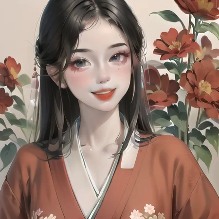 <lora:mewxai_loris_v1:1>, 1girl, solo, flower, long hair, black hair, japanese clothes, looking at viewer, kimono, camellia, upper body, parted lips, red flower, smile, floral print, lips, red lips, parted bangs, collarbone