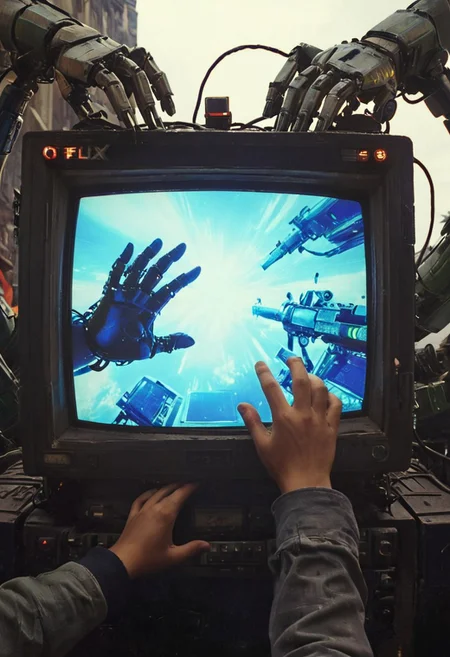 fpv, first person View, hands reaching Out to, fflix_impphoto made out of old CRT screens, stargate on otclillsn TV screen showing a bossfight against a vintage robot,
creating a hyperpunk scene with desaturated dark Blue and black details, colorful (polaroid:0.7) with vibrant colors, (vacations, high resolution:1.3), (small, selective focus, european film:1.2), closeup