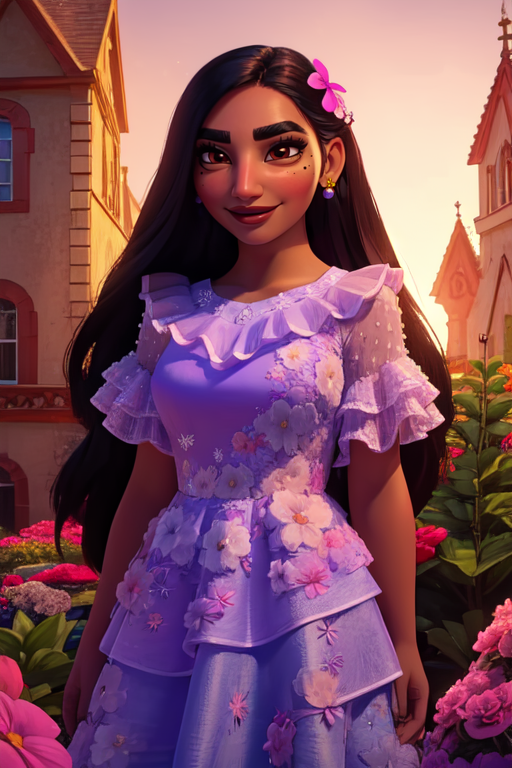 Isabela,long hair,black hair,brown eyes,mole under eye, thick eyebrows, eyelashes, purple hair flower, smile, 
purple dress,jewelry,floral print,frills , standing,  cowboy shot, 
  morning,  garden, large home, 
 (insanely detailed, beautiful detailed face, masterpiece, best quality) cinematic lighting,  <lora:IsabelaMadrigal:0.8>