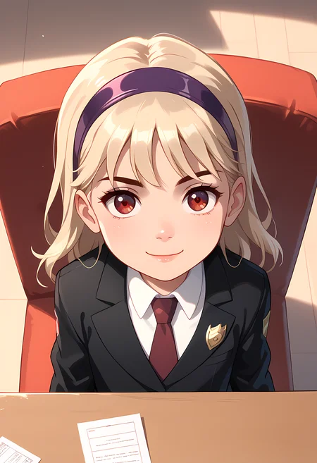 score_7, score_7_up, score_9, score_9_up, BREAK, DC_Justice 1girl, blond hair, red eyes, purple hairband, white shirt, black coat, red tie,insignia, insignia on coat, svil smile, <lora:Sitting_Across_From_No_Caption_v3:0.4> table,sitting,from above,, (portrai shot, upper body),child