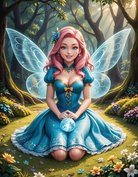 A graceful fairy woman sitting elegantly in front of an enchanted forest,3nch4nt3d f0r3st. She has delicate, shimmering translucent wings that catch the light, creating a soft iridescent glow. Her flowing dress is a pastel pink adorned with intricate floral patterns, appearing almost as if itâs made from petals. Her posture is relaxed yet regal, with one hand gently resting on her lap and the other lightly holding a small glowing orb. Her long, wavy hair cascades down her back in soft golden locks, with small flowers woven into it. Her expression is serene and slightly wistful, with a warm, gentle smile.
The enchanted forest behind her is mystical and vibrant, with towering ancient trees whose twisted branches are illuminated by bioluminescent plants. Soft golden and purple light filters through the dense foliage, giving the scene an otherworldly atmosphere. Tiny glowing fireflies float around her, adding to the magical ambiance. The ground is covered in lush moss and scattered with colorful, luminous mushrooms. The overall lighting is soft and dreamy, with a subtle pink and purple hue blending harmoniously with the fairyâs attire. This scene evokes a feeling of peace, wonder, and enchantment.<lora:SDXLFaeTastic2400:0.4> <lora:extremely_detailed:0.4> extremely detailed, <lora:3nch4nt3d_f0r3st:1>, Masterpiece,best quality,hi res,8k,hi res,8k,award winning,(sharp focus, intricate, highly detailed),