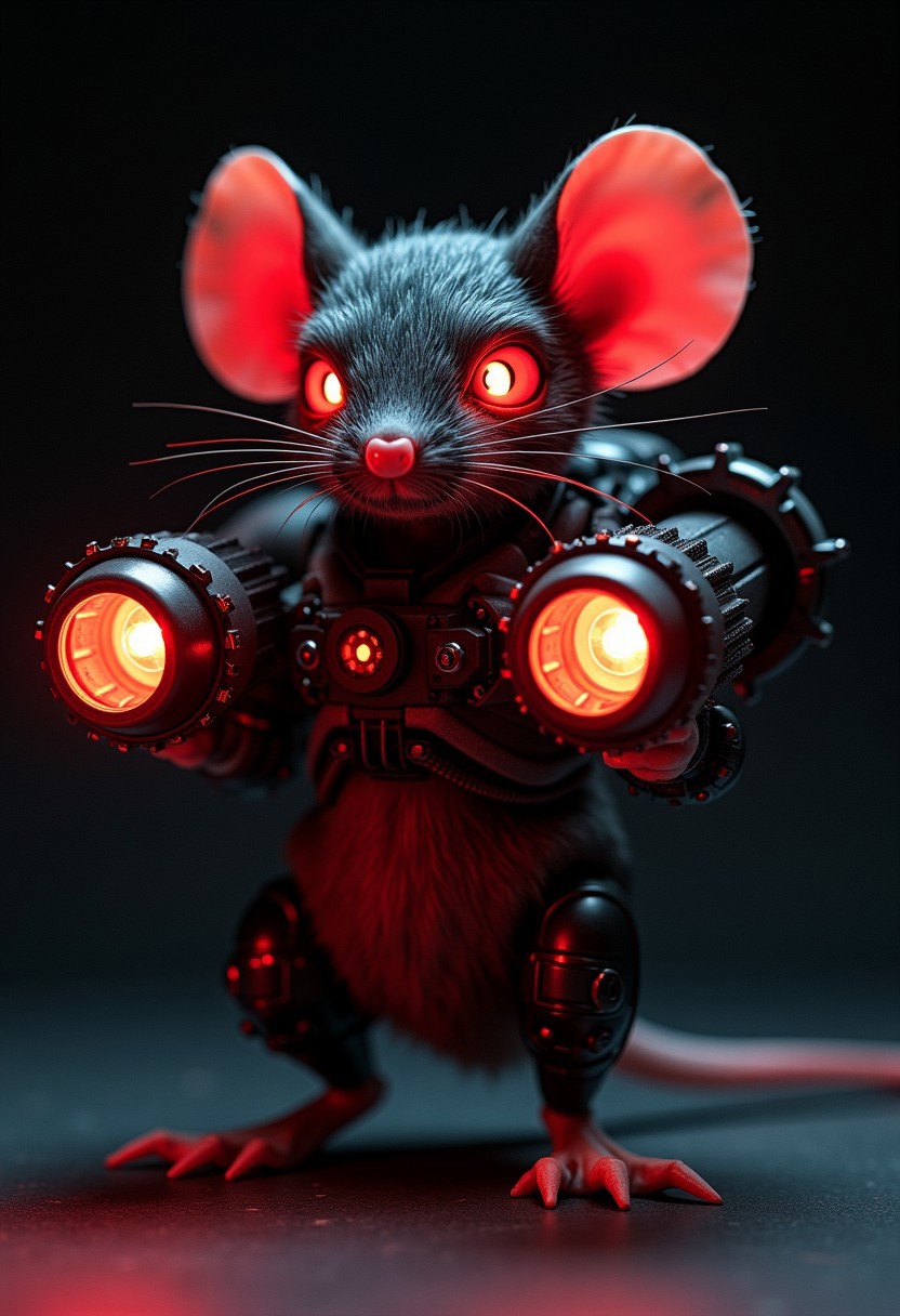 a_skynet_cyberdyne_systems_craft, the image is featuring a fierce little mice equipped with two huge Rocket launchers. Posing. Looking at the Viewer with their Red eyes glowing. The mice ist adorned with intricate Details, Bolts, wires and mechanical components, giving the mice a highly advanced Look. in pitch black darkness. Glowing intense Red LED diods that emit a manacing glow. Chiascuro