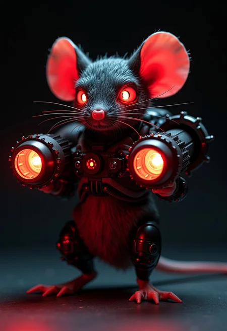 a_skynet_cyberdyne_systems_craft, the image is featuring a fierce little mice equipped with two huge Rocket launchers. Posing. Looking at the Viewer with their Red eyes glowing. The mice ist adorned with intricate Details, Bolts, wires and mechanical components, giving the mice a highly advanced Look. in pitch black darkness. Glowing intense Red LED diods that emit a manacing glow. Chiascuro