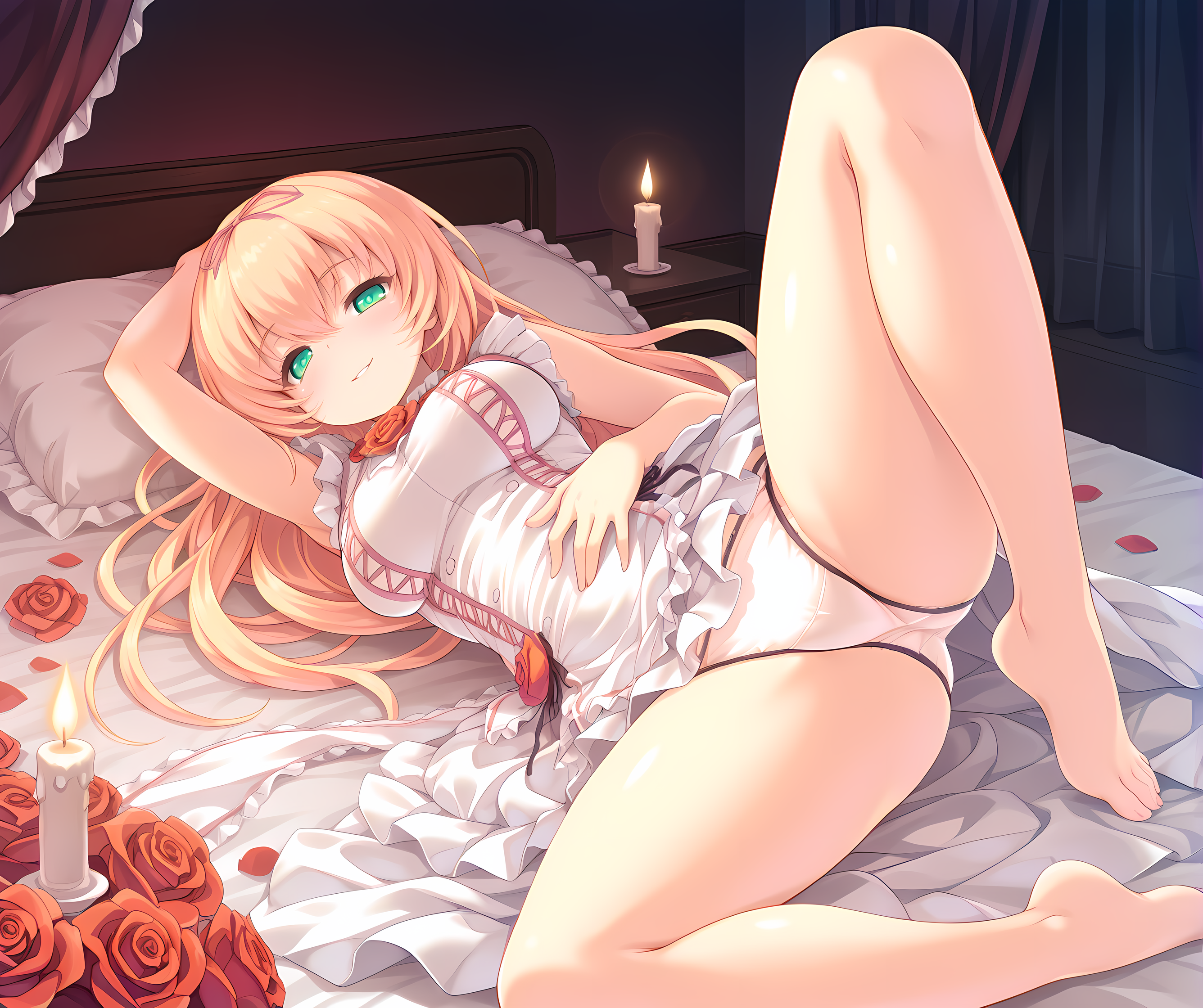 <lora:Alicia_Close_ã¢ãªã·ã¢ã¯ã­ã¼ãº_-_Escude_-_Relord:0.9>,solo,aliclose,blonde hair,long hair,green eyes,medium breasts,rose,hair ribbon,apron dress,white panties,on bed,bedroom,indoors,curtains,dark room,candlelight,dim lighting,seductive smile,darkness,barefoot,from above,lying,on side,arm over head,hand on own stomach,knee up,, masterpiece,best quality,amazing quality, very aesthetic, absurdres,detailed eyes,ultra-detailed,