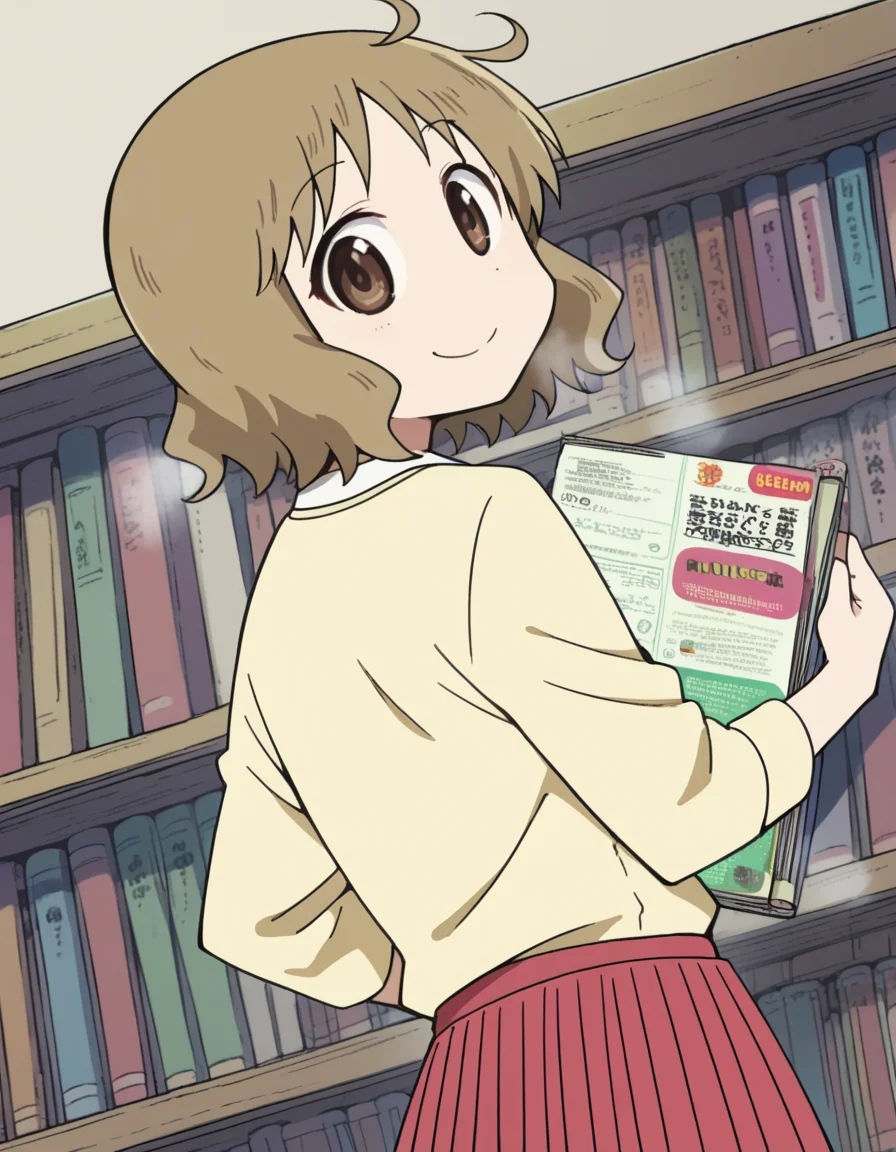 score_9, score_8_up, score_7_up, source_anime, <lora:izumi-sakurai-s1-ponyxl-lora-nochekaiser:1>, izumi sakurai, short hair, brown hair, brown eyes, ahoge,, skirt, yellow shirt, pleated skirt, red skirt,, bookstore, browsing shelves, new book smell, finding a favorite, quiet atmosphere, smile, <lora:shaft-look-ponyxl-lora-nochekaiser:1>, shaft look, looking back, from behind, head tilt,, looking at viewer, solo,, dutch angle, cowboy shot