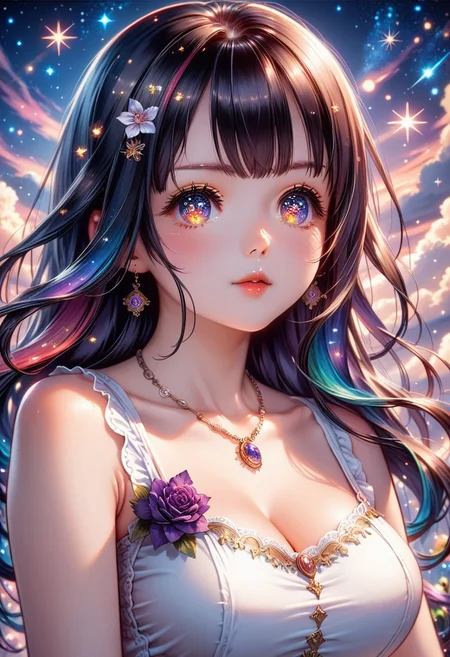 score_9, score_8_up, score_7_up, 1girl, solo, HimenoMP, scenery, (big breasts:0.8). (wide thighs:1.1), (wide hips:1.1), (mature woman:1.1), (detailed eyes, Eyes in high definition, eyes with a lot of detail), (best quality:1.4), a close up of a woman with colorful hair and a necklace, anime girl with cosmic hair, rossdraws pastel vibrant, artwork in the style of guweiz, fantasy art style, colorful, vibrant fantasy style, rossdraws cartoon vibrant, cosmic and colorful, guweiz, colorfull digital fantasy art, stunning art style, beautiful anime style