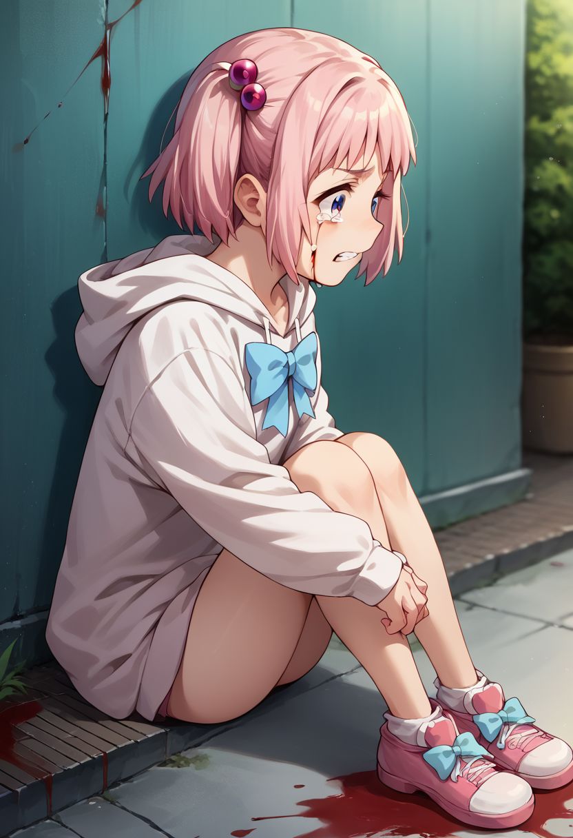 score_9, score_8_up, score_7_up, source_anime,
kiramekimamika, hair bobbles, tears, blood, blue bow, sitting, shoes, star (symbol), teeth, profile, cat hoodie