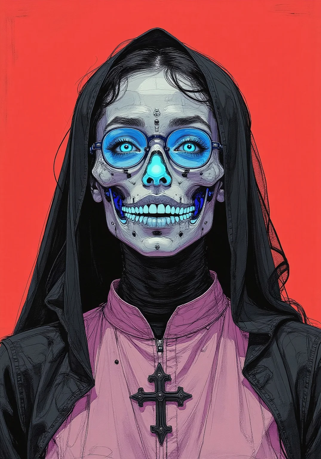 A highly stylized, high-resolution photograph featuring a person dressed as a nun with a futuristic gothic twist. Their face is concealed by an intricate skull mask made entirely of minute water jelly, glowing with vibrant hues of electric blue, neon green, and deep violet, shifting fluidly like a living organism. The translucent nature of the mask refracts light, creating an ethereal effect, while the hollow eye sockets and grinning mouth appear to ripple with movement. The subject’s striking blue eyes pierce through the glowing jelly, intensifying the surreal contrast. Their hair is hidden beneath a traditional black habit, seamlessly extending from the head covering to the neckline. The nun’s habit is an unexpected pale pink, featuring a high collar and a cross emblem at the chest, blending religious iconography with an avant-garde aesthetic. The background is a deep crimson red, amplifying the glowing hues of the mask and enhancing the dramatic atmosphere. Every detail, from the fluid luminescence of the skull mask to the soft yet structured fabric of the habit, is rendered with a hyper-realistic texture. The fusion of classic religious attire with cyber-gothic, surreal, and horror-inspired elements results in a visually striking, thought-provoking composition, turning the subject into a mesmerizing piece of living visual art. vantablack, colored sketch in the style of ck-ccd,
