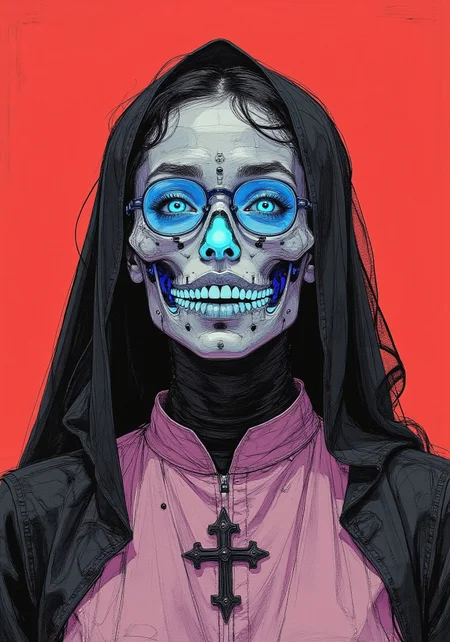 A highly stylized, high-resolution photograph featuring a person dressed as a nun with a futuristic gothic twist. Their face is concealed by an intricate skull mask made entirely of minute water jelly, glowing with vibrant hues of electric blue, neon green, and deep violet, shifting fluidly like a living organism. The translucent nature of the mask refracts light, creating an ethereal effect, while the hollow eye sockets and grinning mouth appear to ripple with movement. The subject’s striking blue eyes pierce through the glowing jelly, intensifying the surreal contrast. Their hair is hidden beneath a traditional black habit, seamlessly extending from the head covering to the neckline. The nun’s habit is an unexpected pale pink, featuring a high collar and a cross emblem at the chest, blending religious iconography with an avant-garde aesthetic. The background is a deep crimson red, amplifying the glowing hues of the mask and enhancing the dramatic atmosphere. Every detail, from the fluid luminescence of the skull mask to the soft yet structured fabric of the habit, is rendered with a hyper-realistic texture. The fusion of classic religious attire with cyber-gothic, surreal, and horror-inspired elements results in a visually striking, thought-provoking composition, turning the subject into a mesmerizing piece of living visual art. vantablack, colored sketch in the style of ck-ccd,