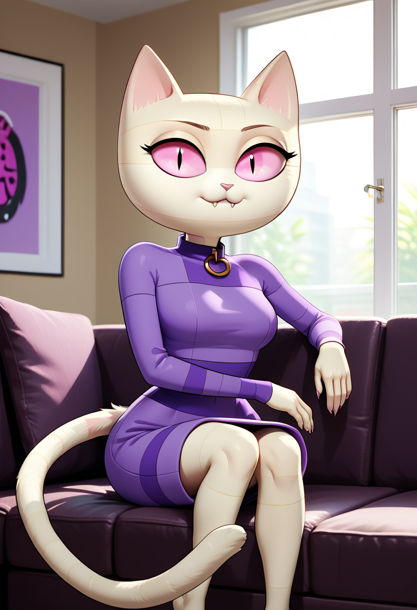 score_9, score_8_up, score_8,    <lora:Me-Mow_Adventure_Time_for_PonyXL:0.8> 1girl, cat girl, mem0w, wrappings, tail, pink eyes, sitting on couch, living room, window, purple outfit