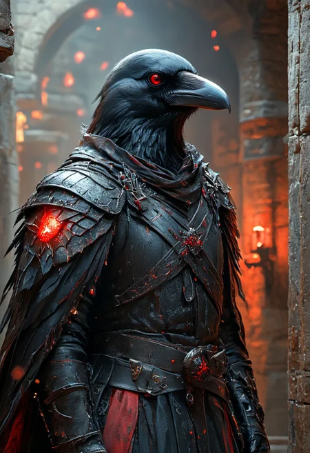 a cinematic photograph of a fantasy Crow, red glowing eyes, wearing black shiny armor with red details on, holding a red glowing sword in an attacking pose, dungeon in background, photorealistic, photography lighting, extremely detailed, shot on Sony A7R V with Leica lens, HKStyle, corvidfolk