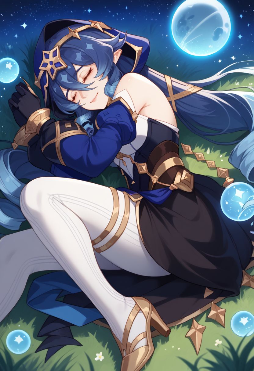 score_9, score_8_up, score_7_up, source_anime, 1girl, layladef, blue hair, closed eyes, drill hair, hair between eyes, drill sidelocks, twin drills, pointy ears, blue hood, jewelry, neck ring, bare shoulders, detached sleeves, juliet sleeves, puffy long sleeves, claw ring, black gloves, white pantyhose, bags under eyes, thighlet, high heels, gold footwear, smile, closed mouth, sleeping, lying, on back, on side, outdoors, grass, starry sky, moon, night, orb, close-up, from above, hand on own stomach, from side, <lora:Layla_v1-000010:1>