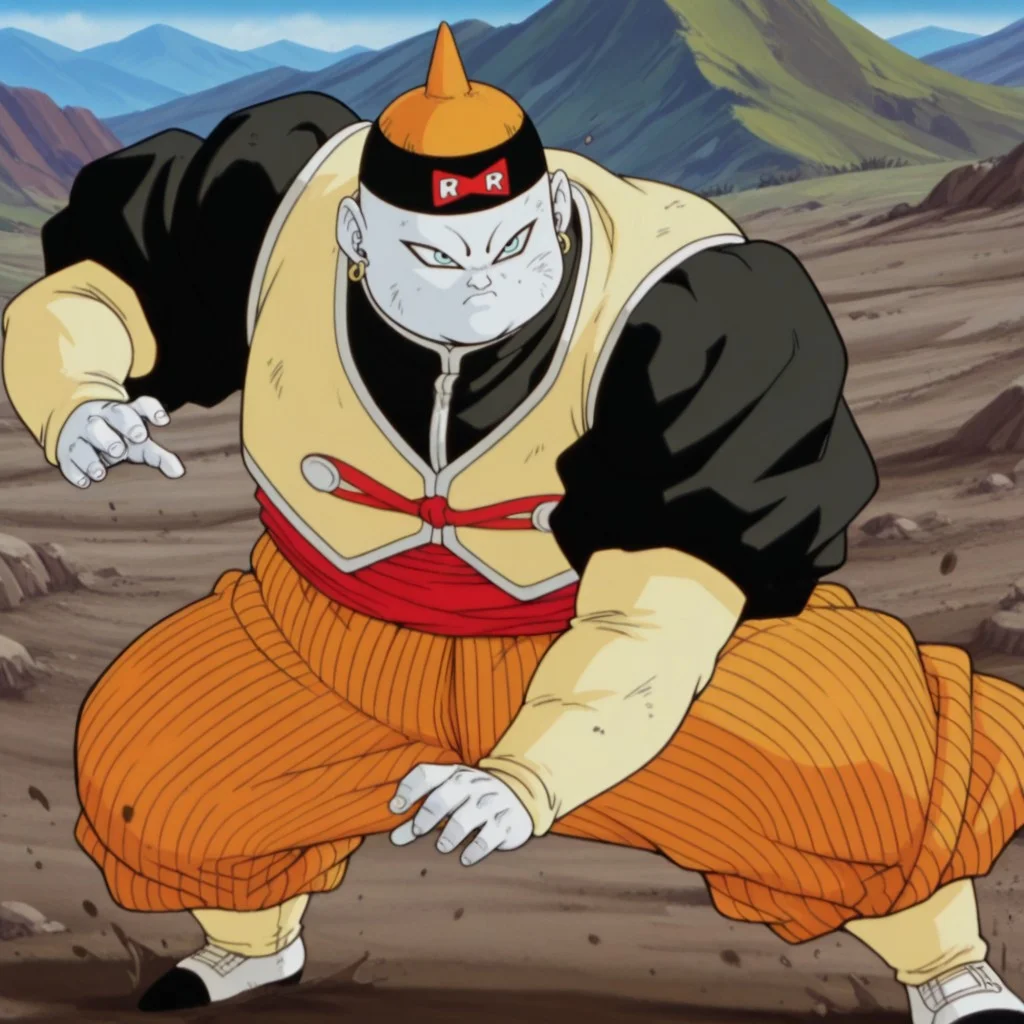 masterpiece, best quality, amazing quality, official artstyle, android19, male, humanoid, solo, white skin, bald, blue eyes, overweight, orange pointed hat, earrings, yellow vest, red sash, orange pants, white shoes, fight stance, serious, outdoors, dirt, mountains