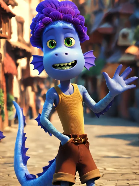 score_9, score_8_up, score_7_up, score_6_up, BREAK, monstralberto, 1boy, solo, shorts, belt, tank top, brown shorts, tail, hand on pocket, looking at viewer, raise hand, waving <lora:MonsterAlberto:1>