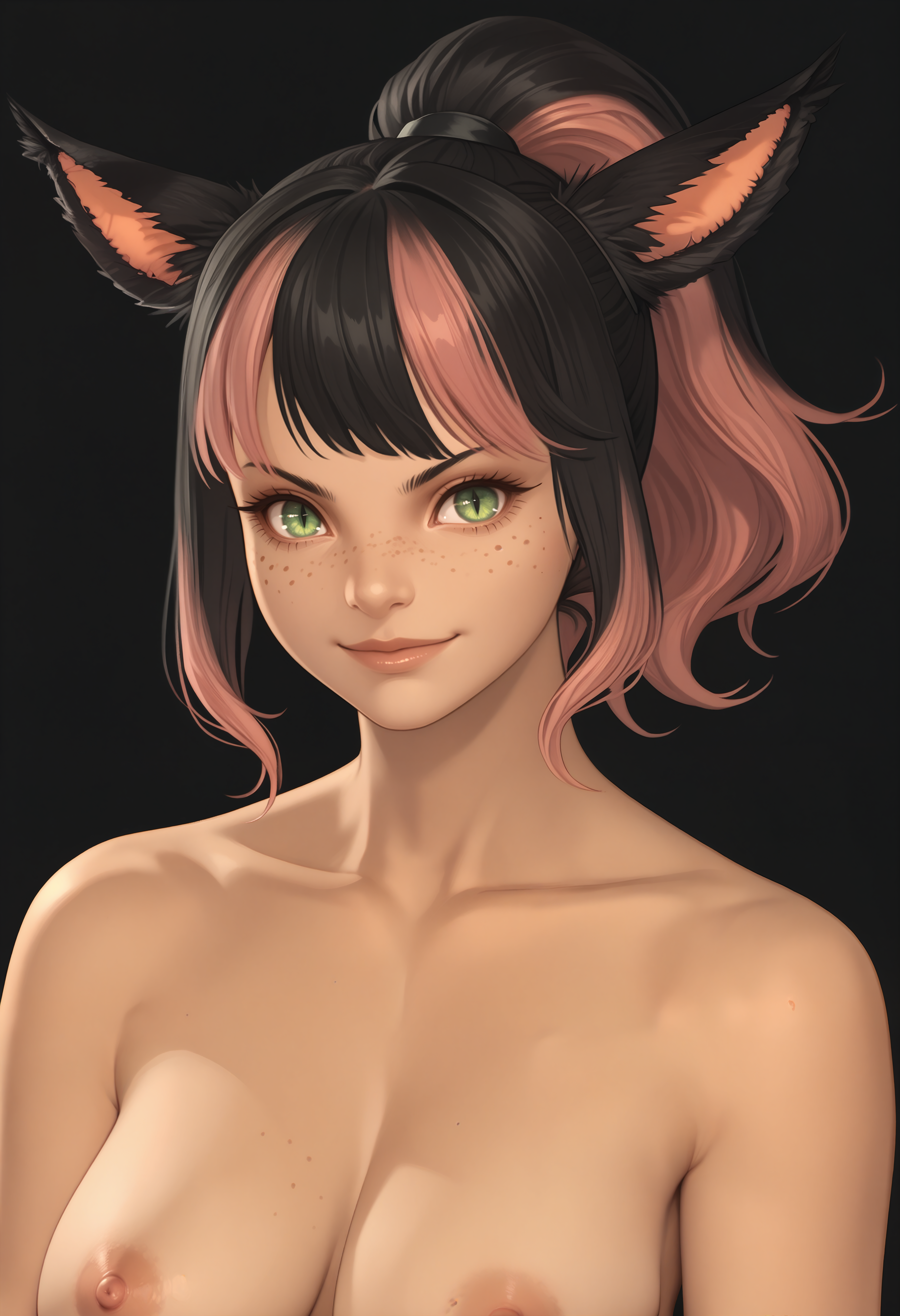 score_9, score_8_up, score_7_up BREAK solo, 1girl, xivmc, animal ears, two-tone hair, ponytail, slit pupils, freckles, <lora:clamXIVMC_v30:1> portrait, upper body, black background, simple background, completely nude, large breasts, freckles on breasts, nipples, slight smile