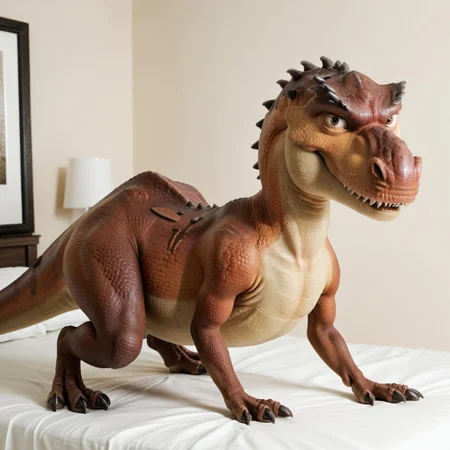 score_9, score_8_up, score_7_up, score_6_up, score_5_up, score_4_up, masterpiece, high quality, realistic, detailed, best quality, white bed, solo, rating_safe, source_furry, bedroom, smiling, seductive, (looking at viewer), full body, detailed eyes, Mommatrex_ia, dinosaur, brown scales, tail, claws, female, 1girl, brown eyes, feral