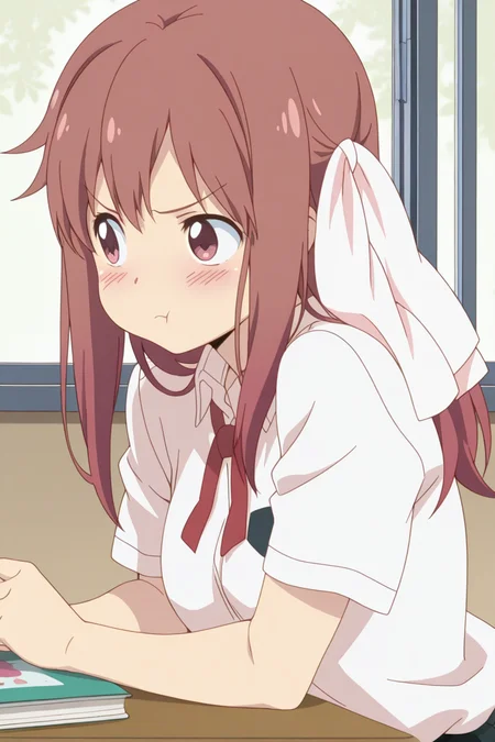 masterpiece, best quality, amazing quality,
 <lora:Haruka_IL:1> haruka, 1girl, solo, blush, pout, book, hair ribbon, ribbon, :t, shirt, short sleeves, window, brown hair, school uniform, anime coloring, red hair, long hair