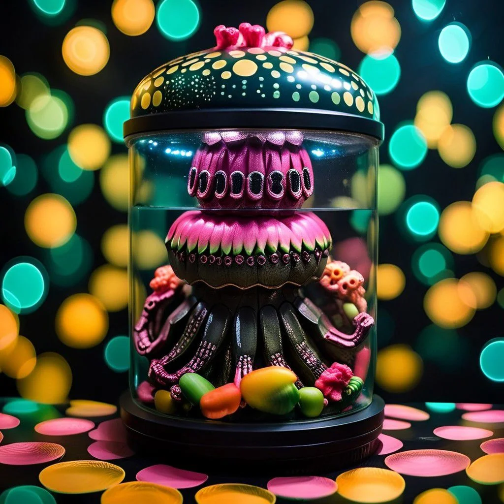 An award winning photograph, half-watermelon half-octopus crammed inside a small glass jar, aboard a futuristic tropical interstellar space craft, 1970s Brazilian Tropicalia science fiction B-movie, moody cinematic lighting backlit light distorted with gravitational lensing