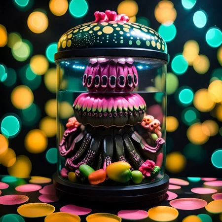 An award winning photograph, half-watermelon half-octopus crammed inside a small glass jar, aboard a futuristic tropical interstellar space craft, 1970s Brazilian Tropicalia science fiction B-movie, moody cinematic lighting backlit light distorted with gravitational lensing
