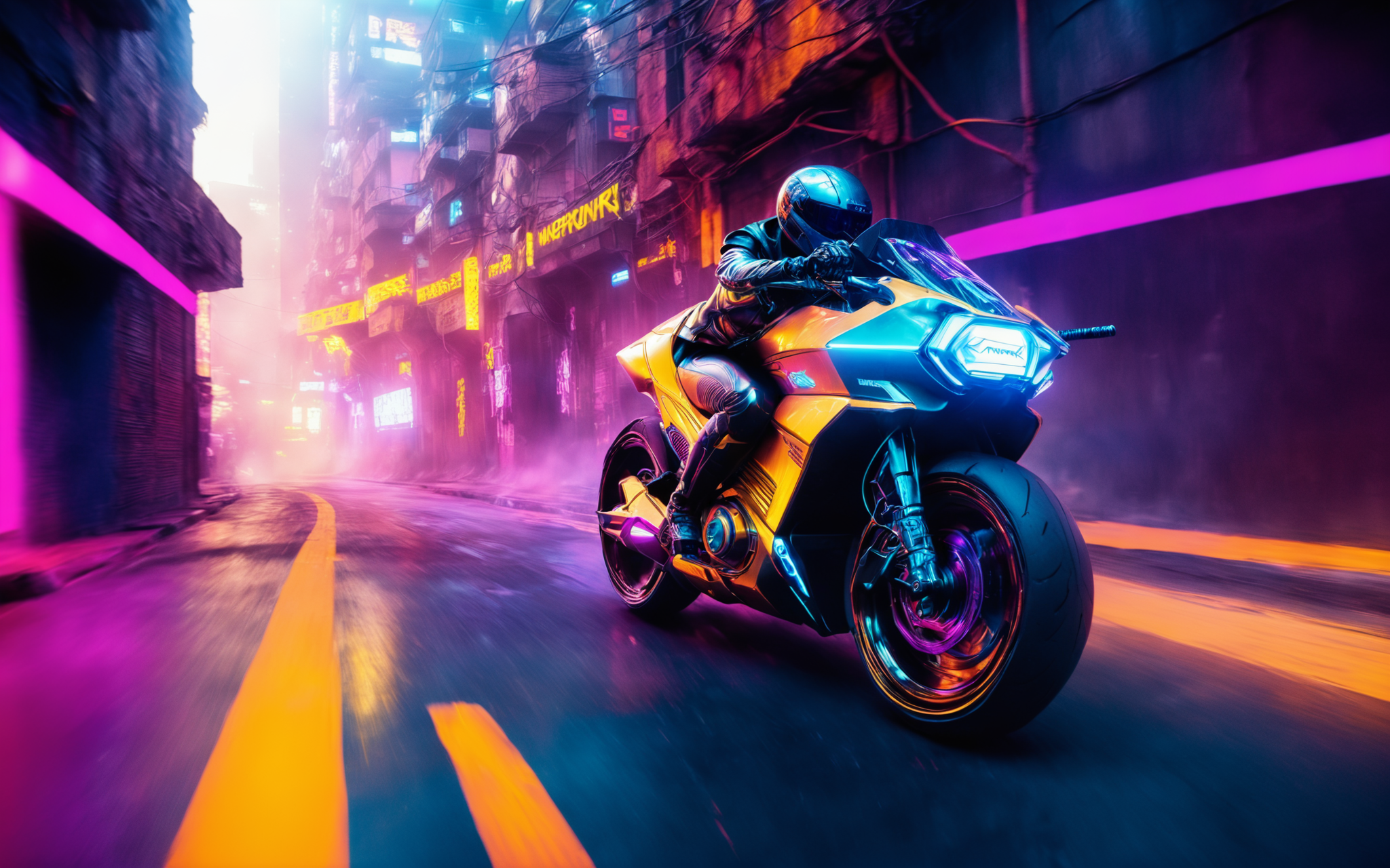 a cyan scifi futuristic concept motorcycle, (TRON rider:1), curvy and aerodynamic, Kowloon walled city narrow winding alleyway, light speed, flash, heavy rain, motion trail, a shining star(sun) in the background, (speed lines:1.1), (motion blur:1.1), high contrast, deep focus, TRON, style by Ridley Scott, Cyberpunk 2077, Bladerunner, fog, mist, epic visual effects, arc lightning, underglow, interstellar, flow, detailed, scifi, extremely detailed textures, star blast, dark vibrant colors, cosmic art, stars in background, headlights, cinematic scene, lens flare, cinematic color grading, film still, god rays, glow, art of Doug Chiang and John Park glowneon, fuji cinestill, light leak, glowing, sparks, lightning, ultra detailed  <lora:add-detail-xl:2>, dramatic lighting  <lora:blacklight_makeup_v2:1> ultraviolet blacklight reactive paint, powerlines, catwalks, alleyway  <lora:SDS_Contrast tool_XL:0.8>  <lora:Halcyon Cyberpunk Style:1>