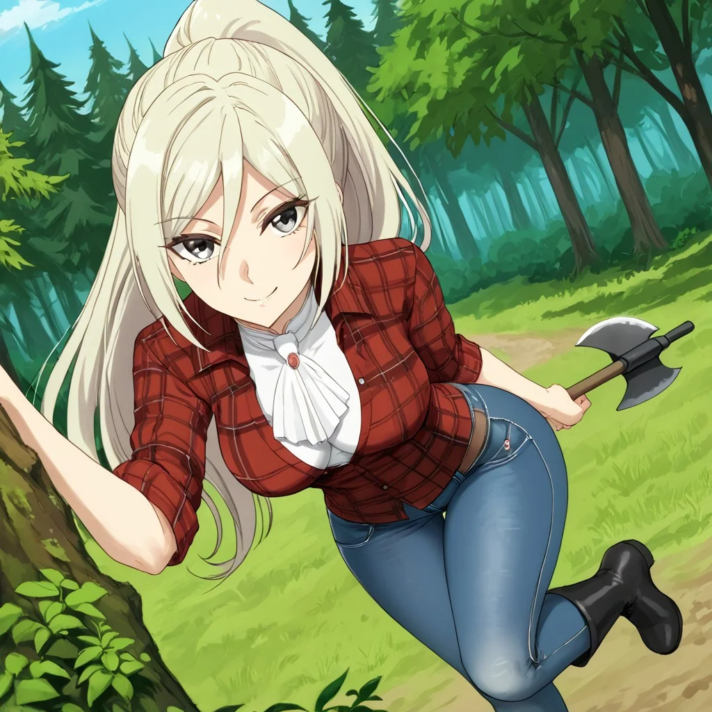 Elentzia_TR, pale blonde hair, ponytail, gray eyes, medium breasts, red flannel shirt, tight jeans, outside, forest, black boots, leaning on axe, dynamic shot, dutch angle, looking at viewer, soft smile, 3/4 view, absurdres, 4kres, source_anime, score_7_or_higher, csr style, mammoth_metal_style