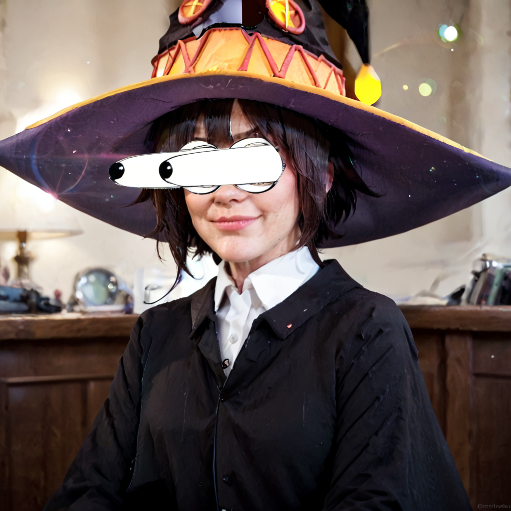 score_9, score_8_up, score_7_up, score_6_up, score_5_up, score_4_up, rating_safe,raw photo,cinematic shot,professional photography,film grain,1girl,solo,megumin,indoors,witch hat,dress,cape,upper body,indoors,smirk,<lora:PonyAwooga:1>,  <lora:PonyBackgroundDetailerV2:0.3>, <lora:add-detail-xl:0.3>, zPDXLrl