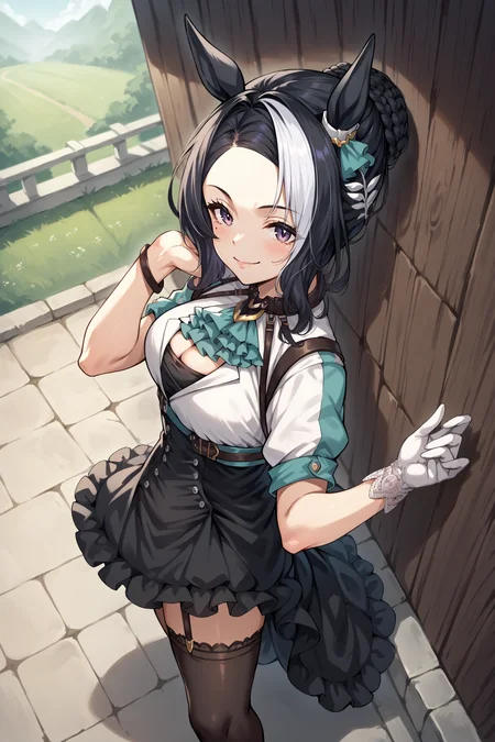 score_9, score_8_up, score_7_up, , rating_general,1girl , rmnsd, horse girl, multicolored hair, braided bun, streaked hair, ear ornament, mole under eye, green ascot,  multicolored clothes ,cleavage cutout, harness, , belt, bracelet, single glove, frilled high-waist skirt, horse tail, single garter strap, single black thighhigh, dynamic angle , source_anime,  cowboy shot, outdoors, naughty face, smile, from side, <lora:MejiroRamonuPDCAMEv3 UMA:1>, full body,