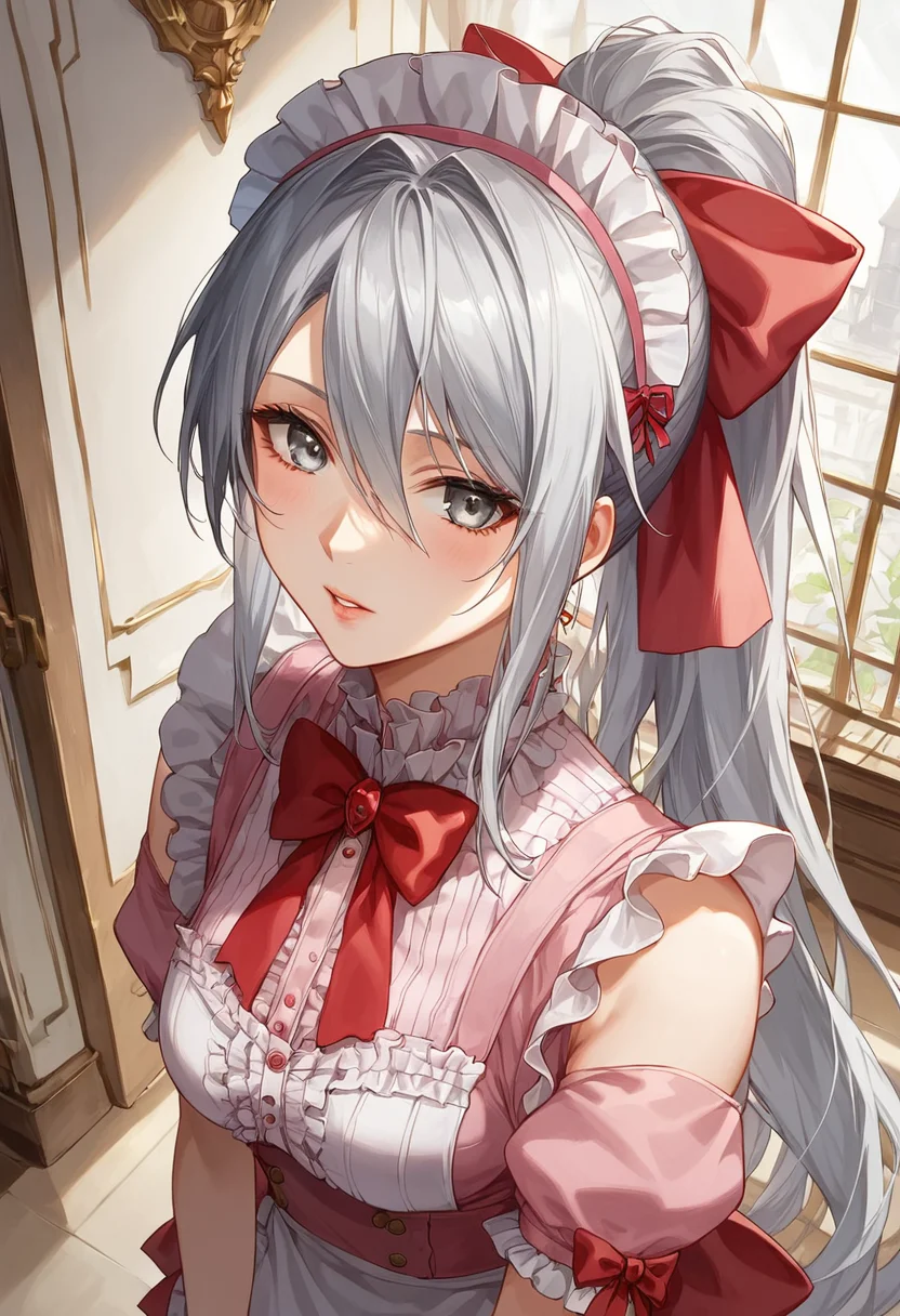 score_9, score_8_up, score_7_up, above the waist shot, standing,
8k, masterpiece, high quality, Expressiveh, best quality, , detailed, beautiful, detailed face, intricate details, highest quality-style, t, detailed background, beautiful eyes, detailed eyes, volumetric lighting, random pose
BREAK
<lora:Felli_loss_-_Chrome_shelled_regios_-_V1:.7> felli, gray hair, gray eyes, 1girl, long hair, , pink maid, ponytail, red bow,
<lora:Eyes_High_Definition:0.25> eyeshd
<lora:Expressive_H:1> expressiveh