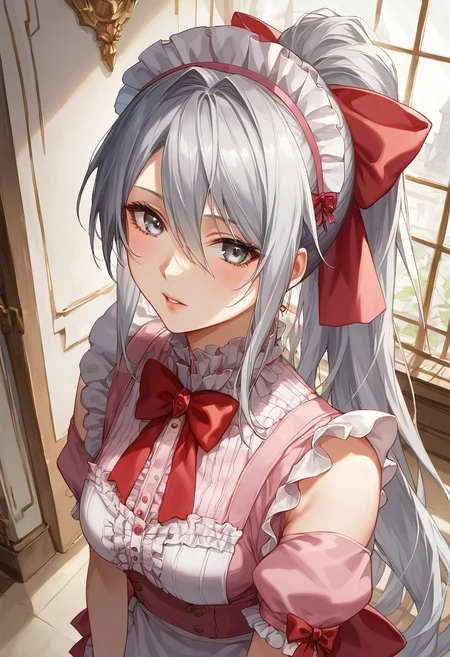 score_9, score_8_up, score_7_up, above the waist shot, standing,
8k, masterpiece, high quality, Expressiveh, best quality, , detailed, beautiful, detailed face, intricate details, highest quality-style, t, detailed background, beautiful eyes, detailed eyes, volumetric lighting, random pose
BREAK
<lora:Felli_loss_-_Chrome_shelled_regios_-_V1:.7> felli, gray hair, gray eyes, 1girl, long hair, , pink maid, ponytail, red bow,
<lora:Eyes_High_Definition:0.25> eyeshd
<lora:Expressive_H:1> expressiveh