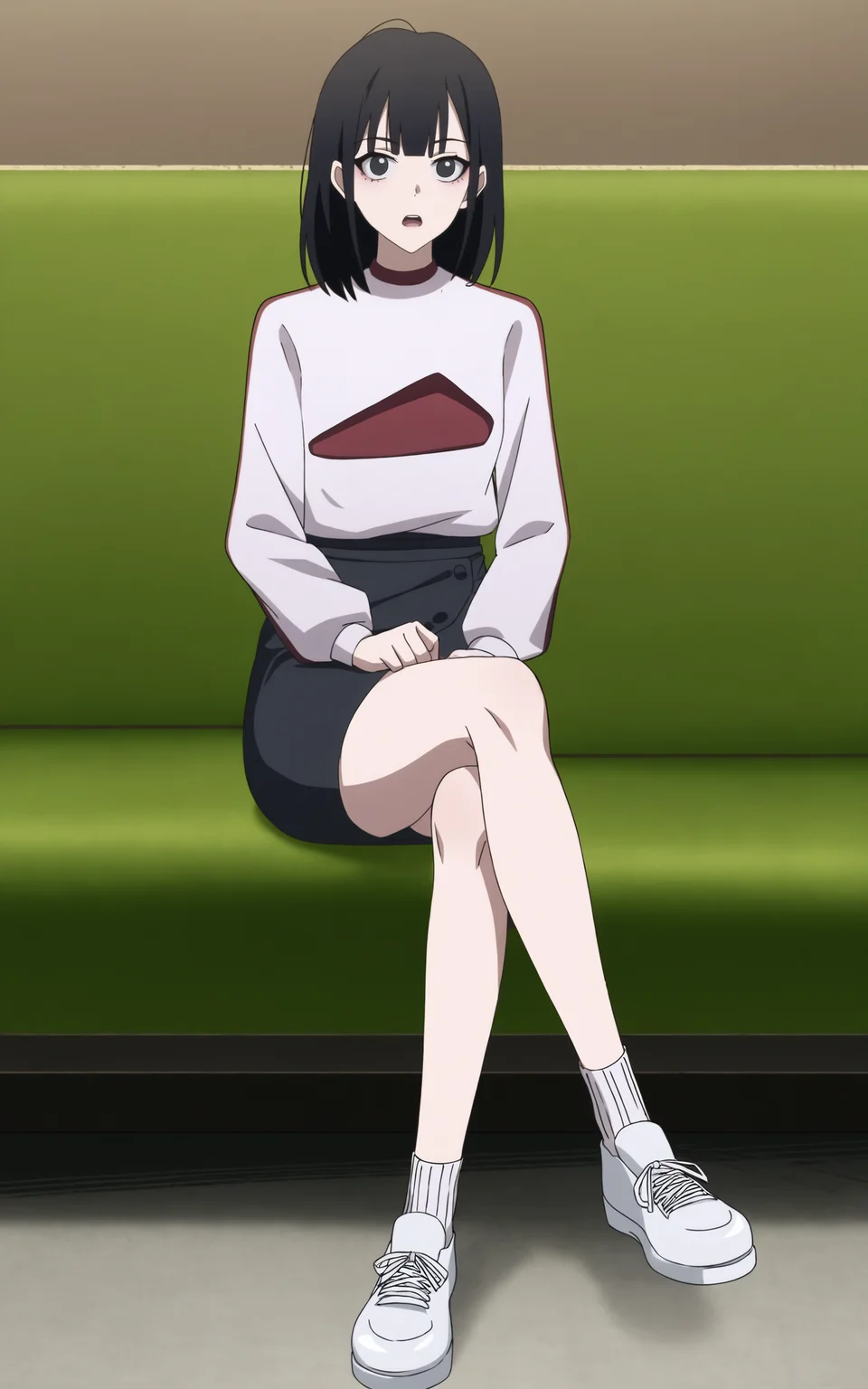 masterpiece, detailed, 1girl, solo, ilqiaoling, nanaqyn outfit, black hair, medium hair, bangs, black eyes, shirt, triheique print on shirt, long sleeves, skirt, black skirt, pencil skirt, shoes, white footwear, white socks, sneakers, seat, sitting, (crossed legs), (full body), indoors, living room, open mouth, happy, looking at viewer, <lora:qiaoling_IL:1>