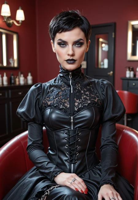 score_9, score_8_up, score_7_up, source_anime, beauty_salon, detailed face, face focused,
BREAK 1girl(ultra goth dominatrix, sitting in a deep red beauty salon chair, sharp angular features, athletic yet curvy figure, jet black pixie cut, pale flawless skin, bold black lipstick, dramatic smokey black eyeshadow, heavy winged eyeliner, dark arched brows, contour and high cheekbones, elaborate gothic Victorian black dress with lace, corset bodice, high collar, puffed sleeves, layered skirts, multiple ear piercings, long matte red nails, intense icy stare, silver chain accessories, ornate rings)
BREAK modern beauty salon interior, hyper-realistic, high fashion, studio lighting, dutch angle