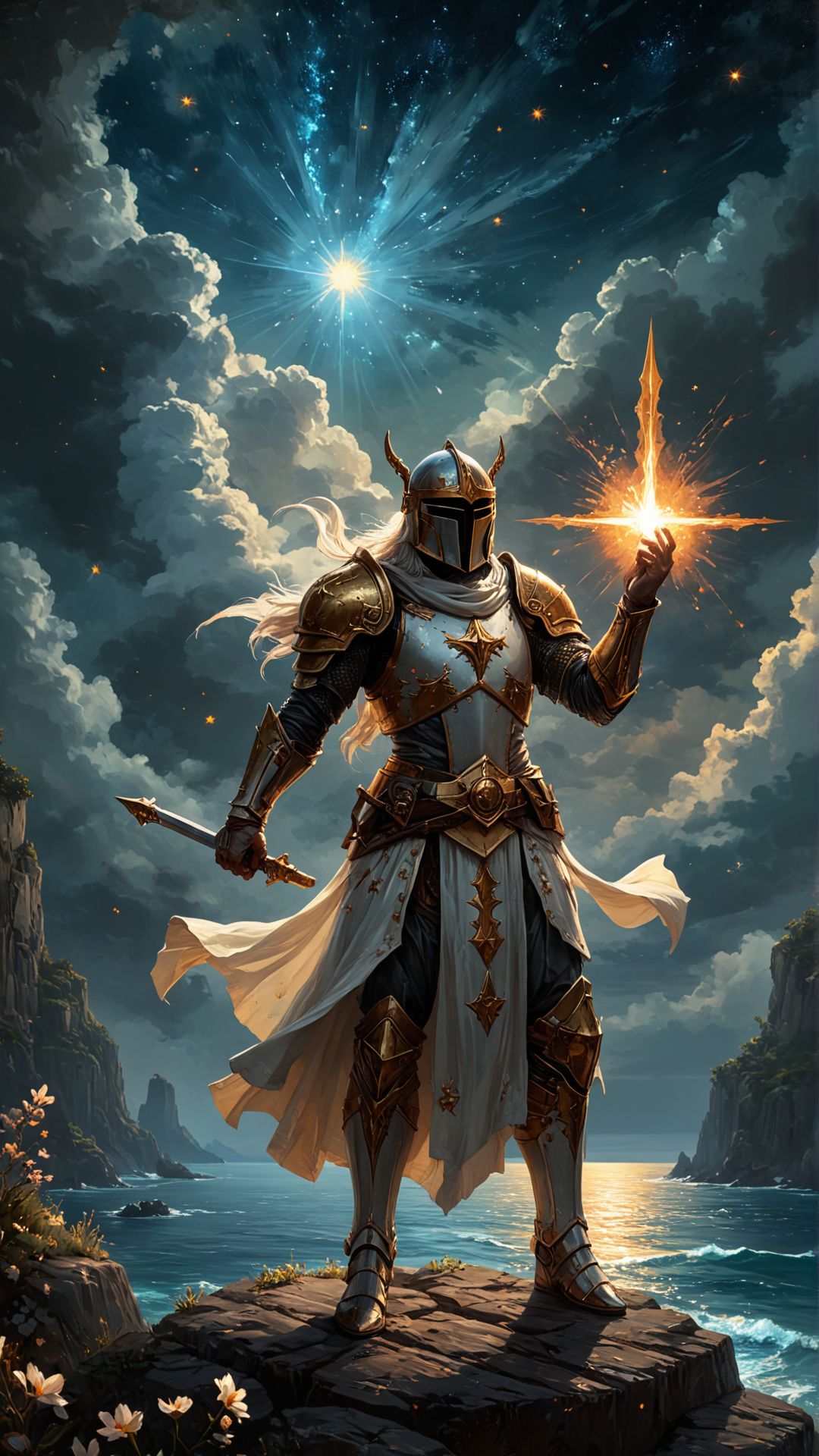 (Lightforged Crusader, Islands, The Invitation, "In the stillness of night, stars whisper ancient tales, painting the sky with celestial poetry.", "I wanna dance with somebody, I wanna feel the heat with somebody.":1.1) , <lora:MidjourneyV6.1:1>, midjourneyv6.1