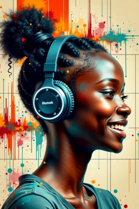 A 3/4 studio portrait photograph of an African teenage girl with ebony black skin, with cyan highlights on the skin. She has the side of her head shaved, and the hair on the back of her head done up in a bun. She is wearing large high-tech cordless bluetooth headphones, and is smiling as she listens to the music. The background is an abstract combination of a technical readout diagram and broad swatches of beige, orange, red, and cyan vertical brush stokes. <flux_realism_lora:0.42> <BaroqueColorful:0.64>