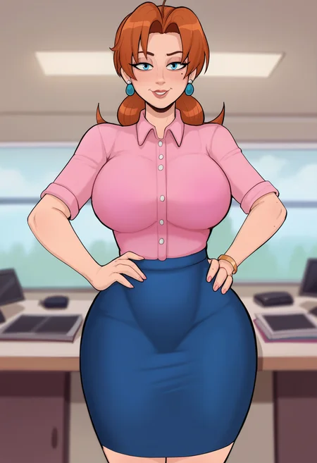<lora:shadmancomic-guy-PONY-DORAv1:1>, shadcom, score_9, score_7_up, 1girl, solo, pink shirt, large breasts, blue skirt, pencil skirt, looking at viewer, presenting, depth of field, mature female, looking at viewer, delia ketchum