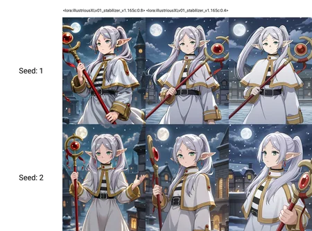 <lora:noobai_ep11_stabilizer_v0.58_fp16:0.6><lora:illustriousXLv01_stabilizer_v1.165c:0.8>1girl,frieren,green eyes,holding staff,snowing,night,masterpiece,town,cloud,moon,