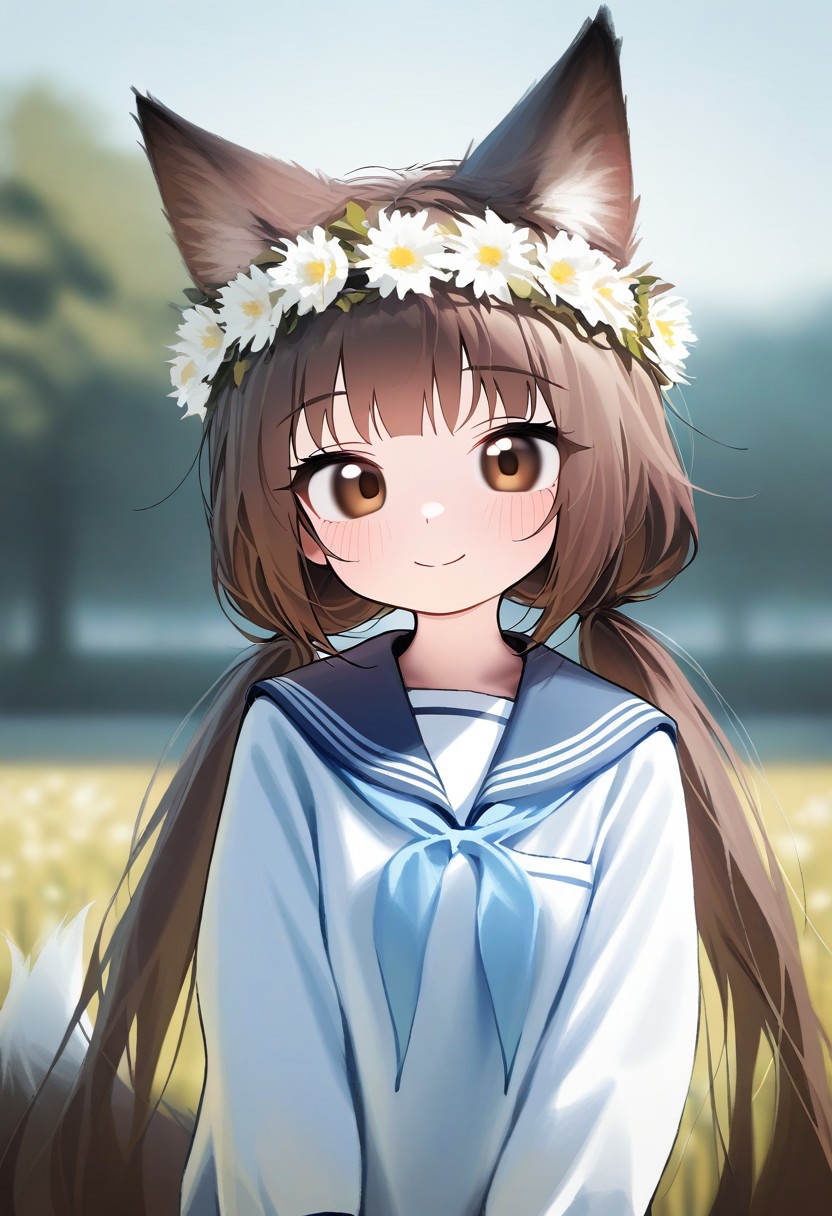 zuppu11 type 3, nikukyu, 1girl, solo, long hair, blush, smile, shirt, brown hair, long sleeves, animal ears, closed mouth, twintails, brown eyes, tail, white shirt, upper body, flower, outdoors, serafuku, blue serafuku, sailor collar, blurry, animal ear fluff, looking at viewer, fox ears, blurry background, depth of field, fox tail, low twintails, white flower, fox girl, blue sailor collar, transparent, head wreath, flower wreath, very long hair, masterpiece, best quality, good quality, general