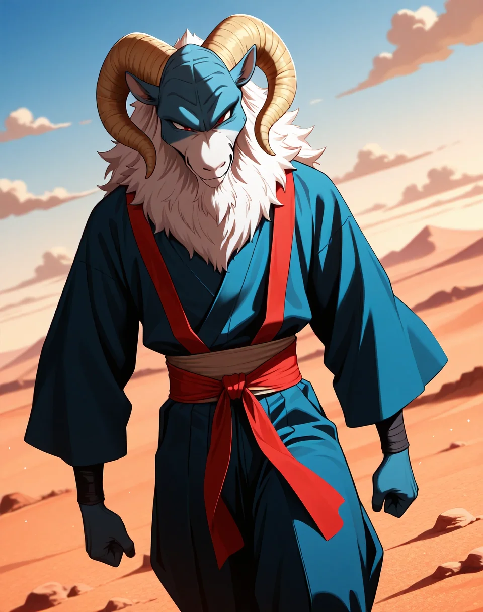 <lora:Moro_1st_Form_(Dragonball_Z)_(Illustrious)_(AD):1.35> Moro, goat,
dutch angle, exterior, desert, sky with detailed clouds,
male focus, gradient coloring, solo, cowboy shot, bent leg, perfect proportions, goat head, blue body, soft shading, evil smirk, old, aged up, frail, wrinkles, long white beard, thin waist,
BREAK very awe, aesthetically pleasing, masterpiece, best quality, amazing quality, very aesthetic, perfect depth of field shot, in'ei, furry_art, source_furry, source_anime,
EZRealPONYXL, zPDXL, Smooth Quality, lazympos, IllustQualXL_Pos,